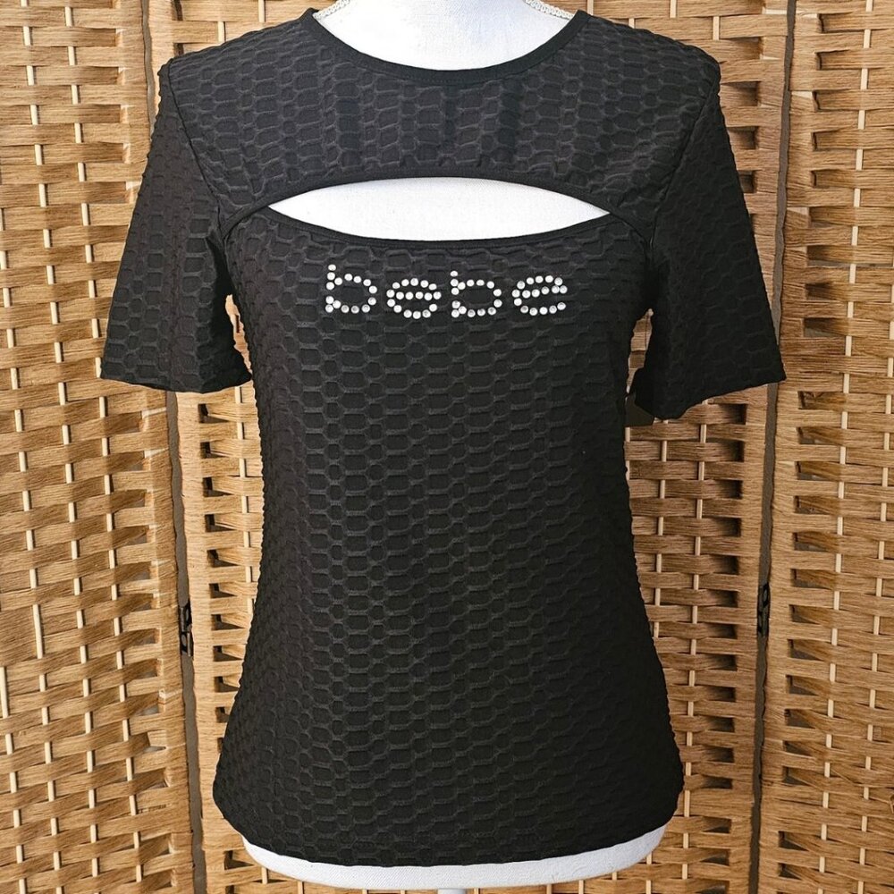 Bebe Black Cutout Rhinestone Logo Short Sleeve Top Women's L NWT